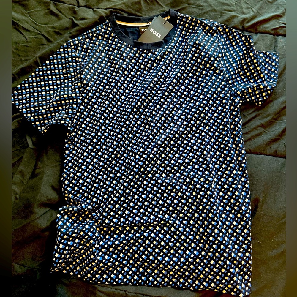 BOSS Blue and White Patterned T-Shirt